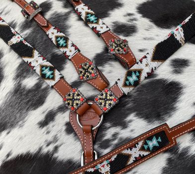 Showman 4 Piece Steer Head Beaded One Ear Headstall and Breastcollar Set #5